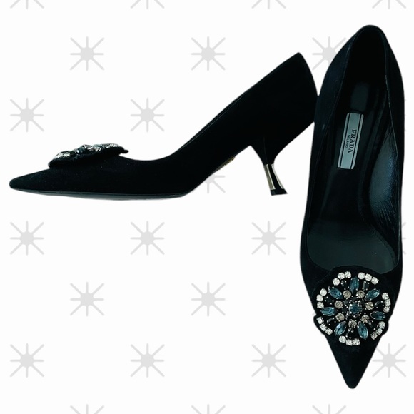 Prada Pointy Toe Pumps Kitten Stiletto Heels 39 Black Suede Crystal Brooch EUC🖤 - Picture 2 of 11